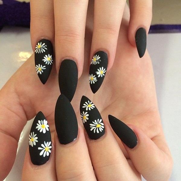 glitter nail in full black color and white rose