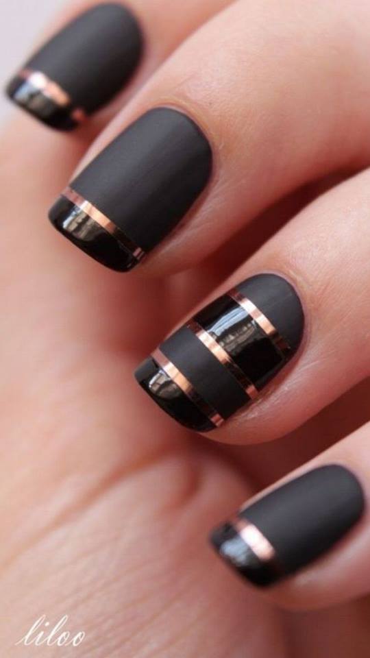 black and golden line nail art designs