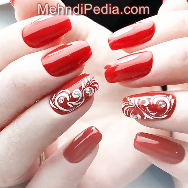 red color with flower rose nail art