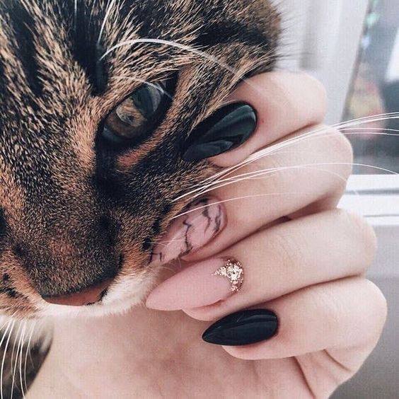 Cranberry and Gold Short Nail Design with cat